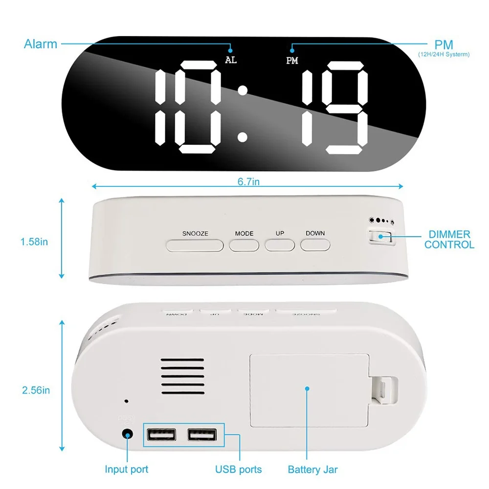 Светодиодный диммер, зеркальные часы для путешествий, Повтор будильника, цифровые настольные часы, светильник для спальни с двойным зарядным кабелем USB