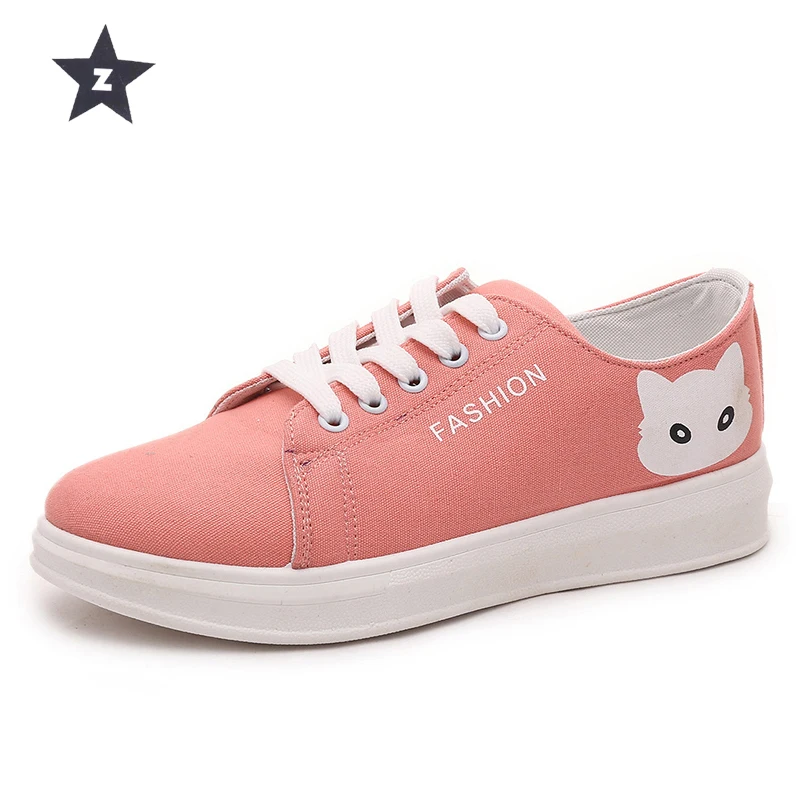 Fashion canvas casual shoes women cute cat candy color white black pink girls shoes breathable ...