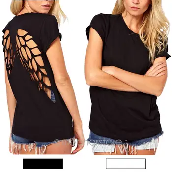 

Casual Womens Punk Laser Backless Hollow Angel Wings Cut Out Tops T-shirt