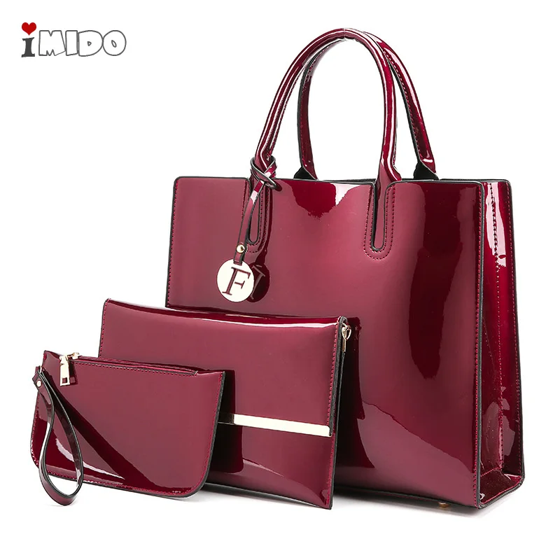 

2019 Women's Patent Leather Handbag Luxury Designer Tote 3pcs Sets Shoulder Crossbody Bag Female High Quality Red Black Hand Bag
