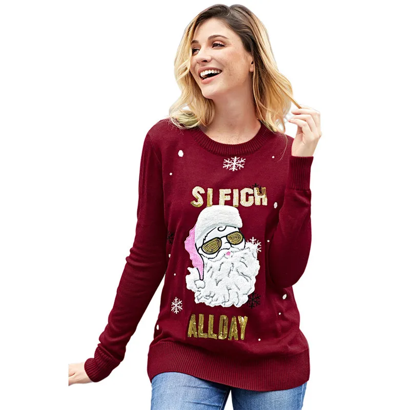 

Cute Sequined Sleigh All Day Ugly Christmas Sweater for Women Kawaii Girls Knitted Santa Claus Xmas Pullover Jumper Plus Size