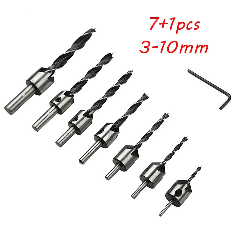 

7pcs 3-10mm 5 Flute Countersink Drills Bit Set Woodworking Chamfer HSS Drills Bit Reamer Set Carpentry drill + 1pc Wrench A44