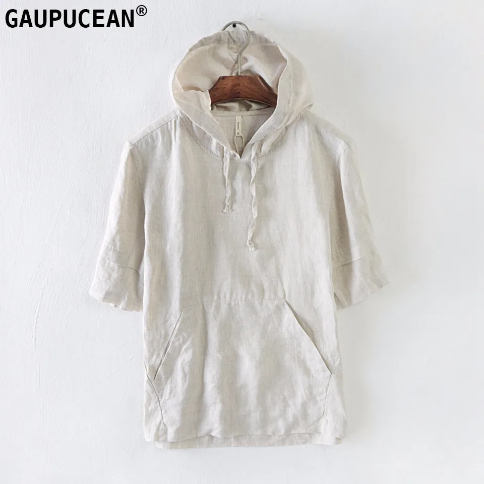 

Men Hooded T Shirt True Natural 100% Linen Summer Breathable Dry Fast Anti-static Khaki Flax Cool Half Sleeve Man T-shirts