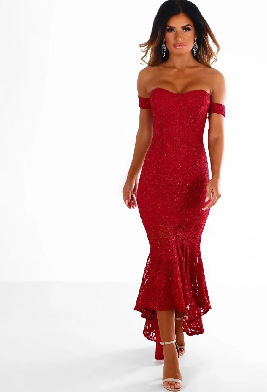 

3 Colors Ladies Sexy Off Shoulder Lace Long Bandage Dress 2018 Designer Elegant Celebrity Party Dress