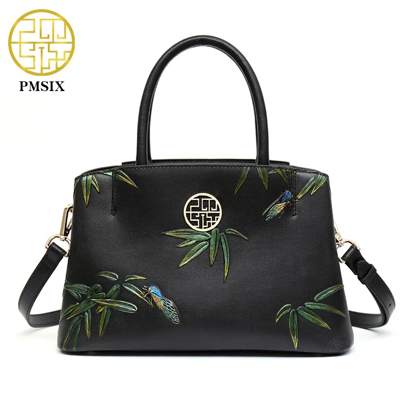 PMSIX 2019 Summer New Bamboo Embossed Split Leather Handbag Crossbody Bag Chinese Style Women ...