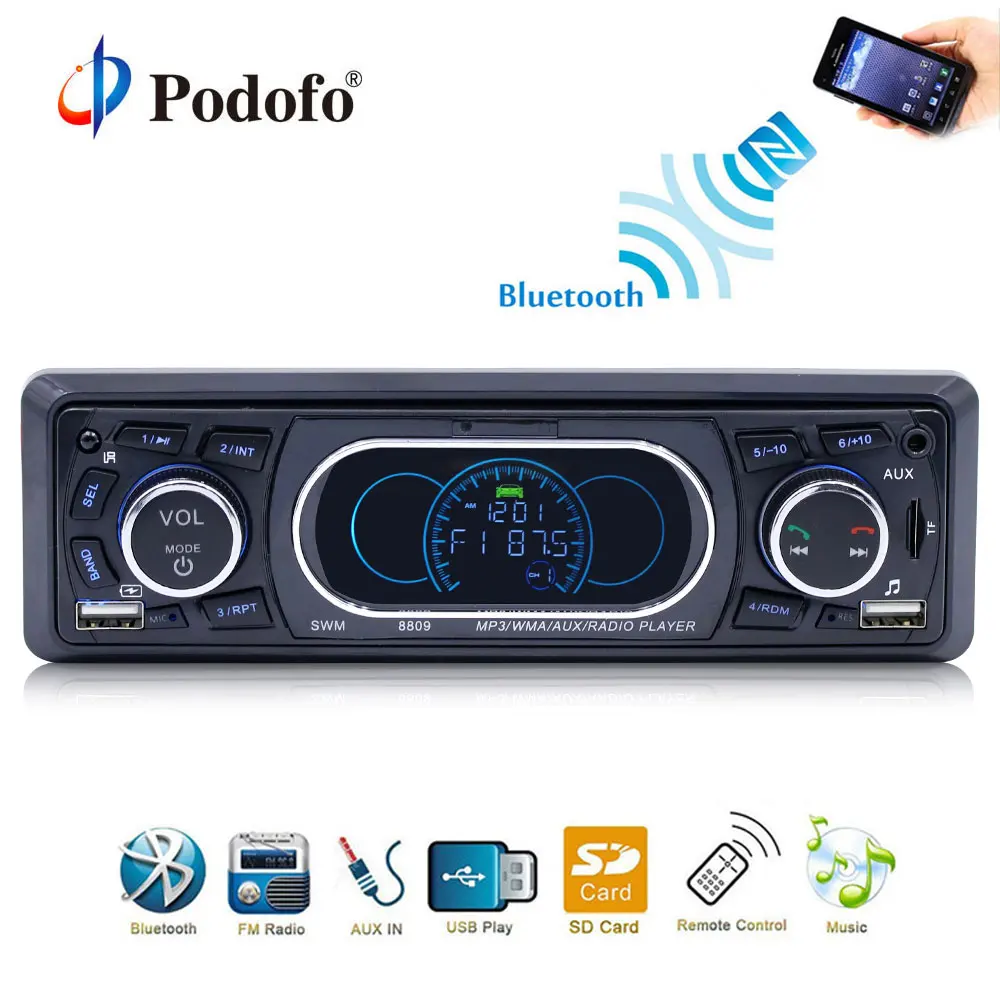 Podofo Bluetooth 1Din стерео аудио в тире MP3 радио Поддержка USB/TF/AUX/FM приемник с пульта