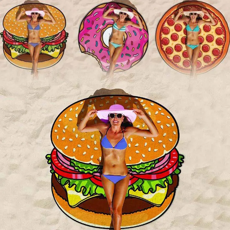 

2019 Hot Fashion Printed pizza cake beach mat round microfiber beach mat for living room home decor boho style cushion