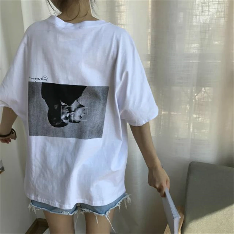 

HziriP Ladies T-shirts New 2018 Korea Chic Summer Printing Letters Character Print T Shirts Tee Female O-Neck Casual Cotton Tops