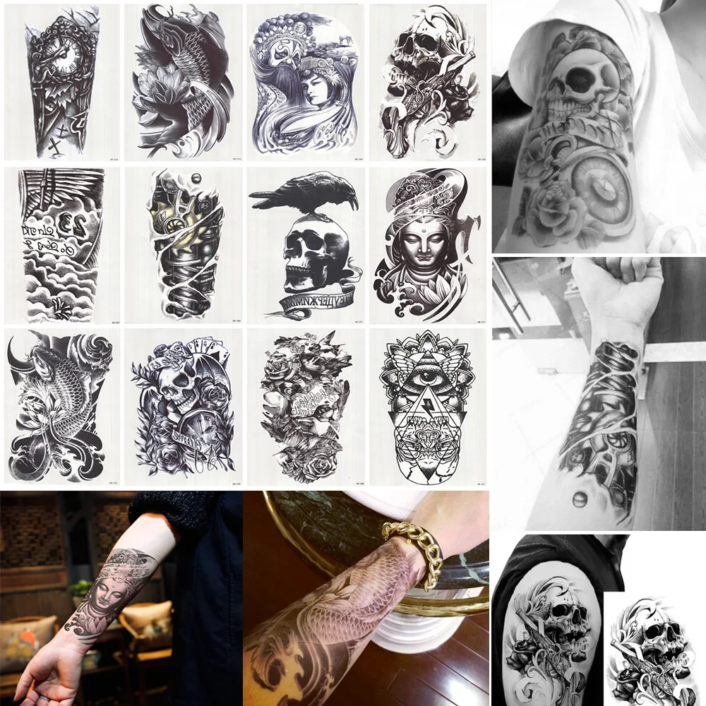

12Pcs/Lot 3D Waterproof Body Arm Leg Art Tattoo Sticker Handsome Tatouage Glitter Black Temporary Tattoos Tatoo Large 210*150mm