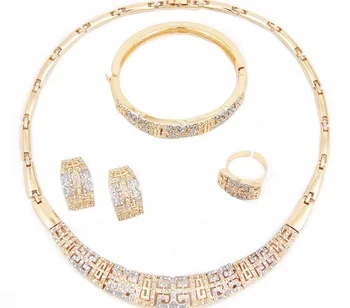 

Fashion Dubai Gold Jewelry Sets Luxury Crystal Necklace Earrings Ring Bracelet Women Wedding Party Accessories