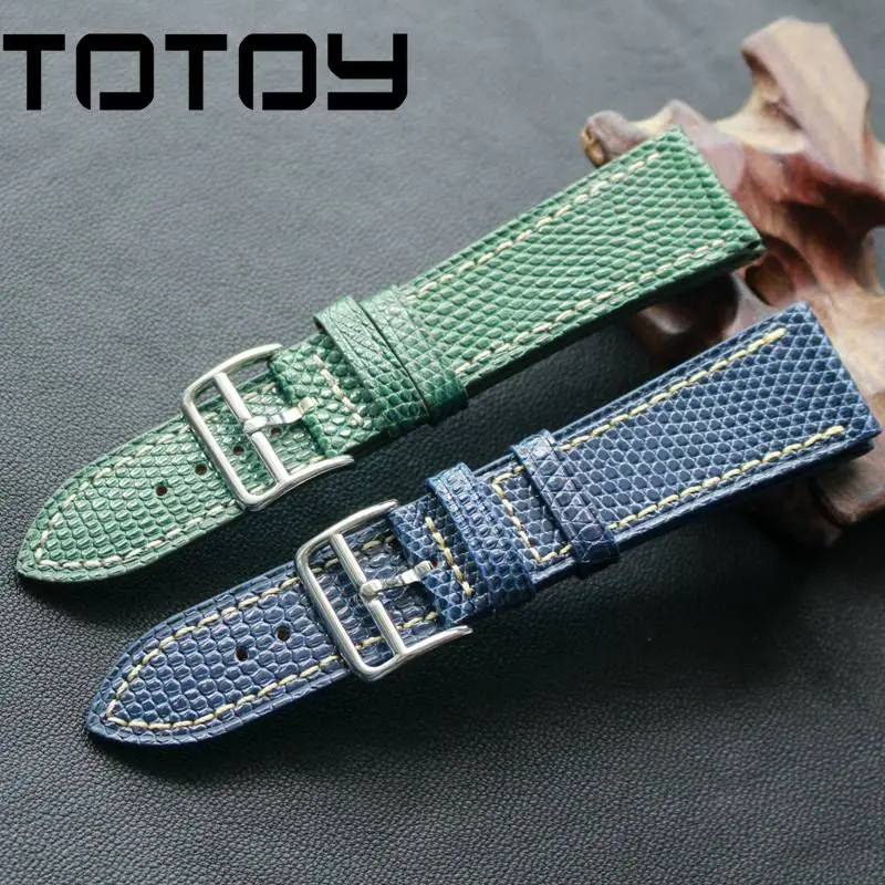 

TOTOY Handmade Lizard Skin 22MM 24MM Vintage Soft Leather Watchbands, Blue Green Simple Style Strap