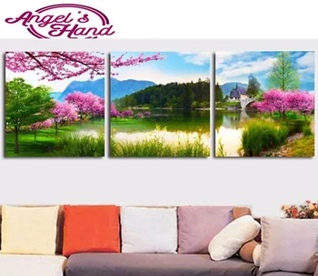 

3pcs 5d DIY diamond painting Peach Lake Landscape diamond embroidery round/square mosaic modern triptych home decoration gifts