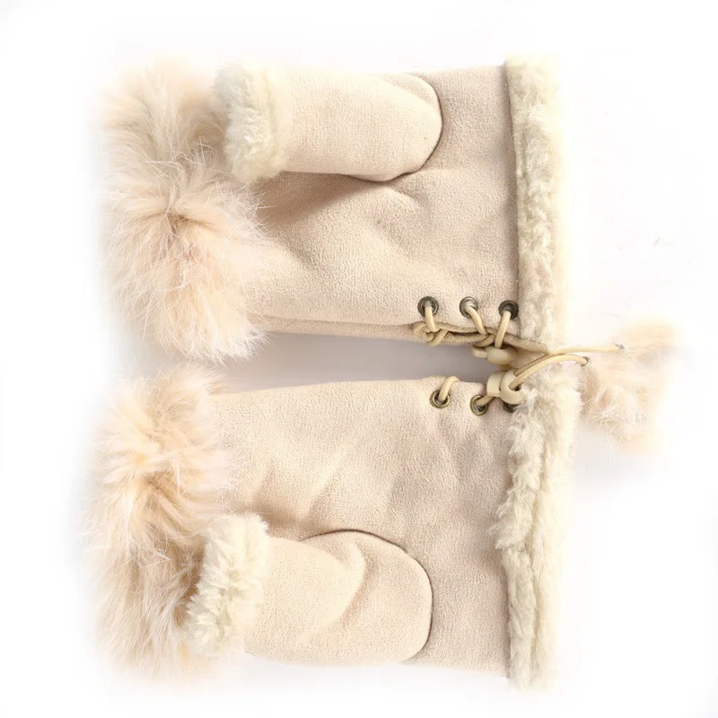 Модные женские туфли; обувь на платформе из искусственного кроличьего меха; сапоги ручной работы зимние перчатки, варежки без пальцев теплые кожаные варежки из замши теплые перчатки - Цвет: Слоновая кость