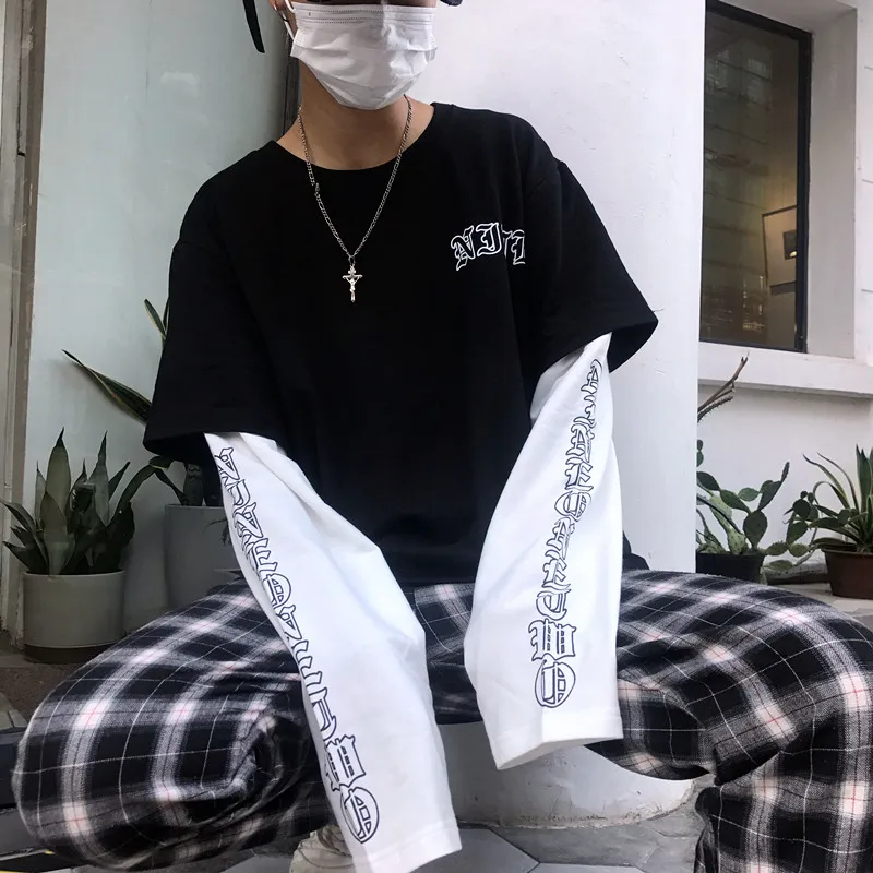 Harajuku одежда уличная футболка для женщин Корейский Ulzzang винтажные поддельные 2 шт