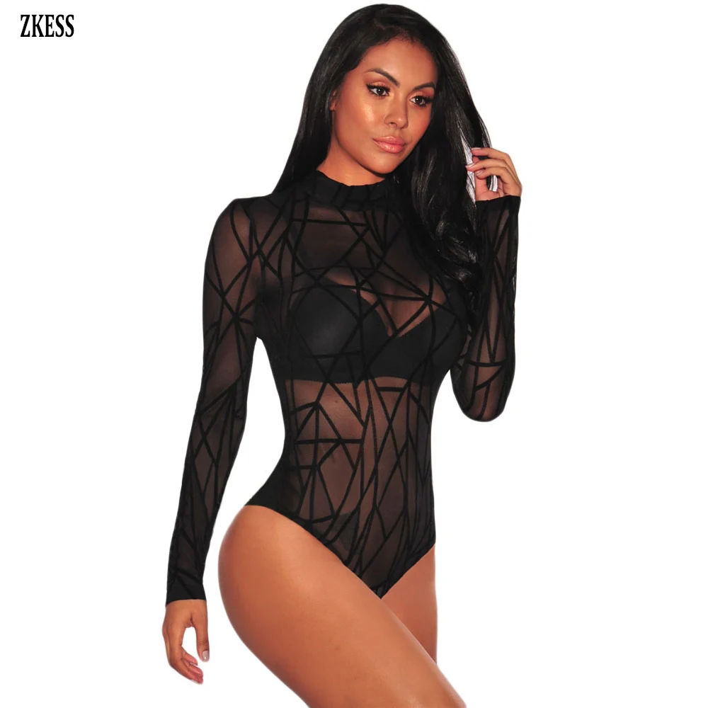 Black-Sheer-Mesh-Geometric-Velvet-Bodysuit-LC32166-2-2