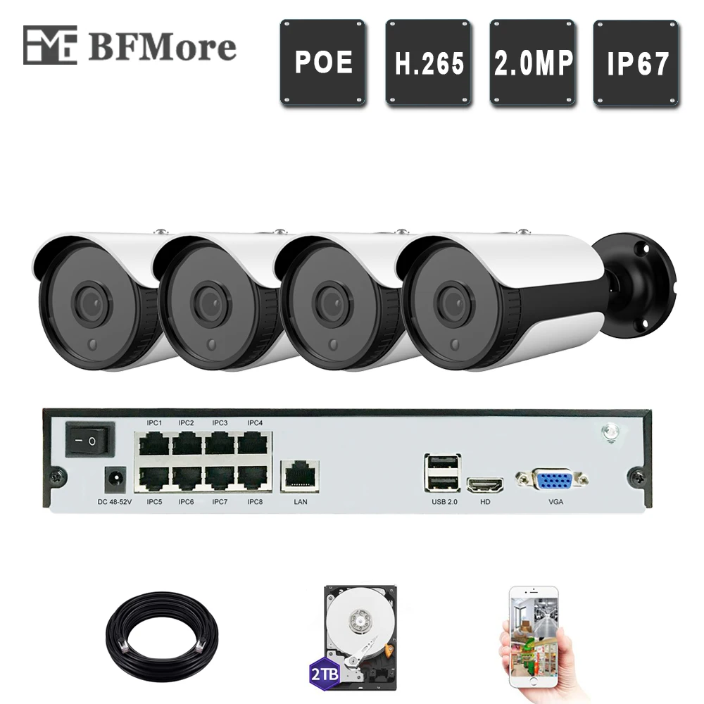 BFMore 4ch 1080P POE Kit H.265+ H.265 System CCTV Security 8ch NVR 2.0MP IP Camera Outdoor IR Night Vision Surveillance Cam DIY |