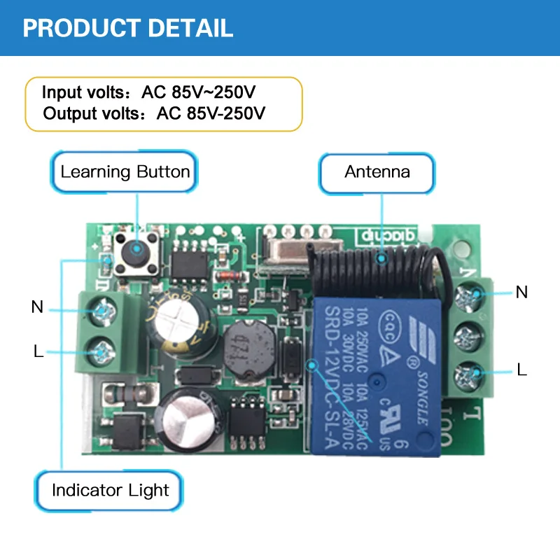 Wireless Remote Control 433MHz Universal AC 110V 220V 1 Channel Relay Receiver Module for Circuit Control Light Garage door Fan Wireless Remote Control 433MHz Universal AC 110V 220V 1 Channel Relay Receiver Module for Circuit Control Light Garage door Fan