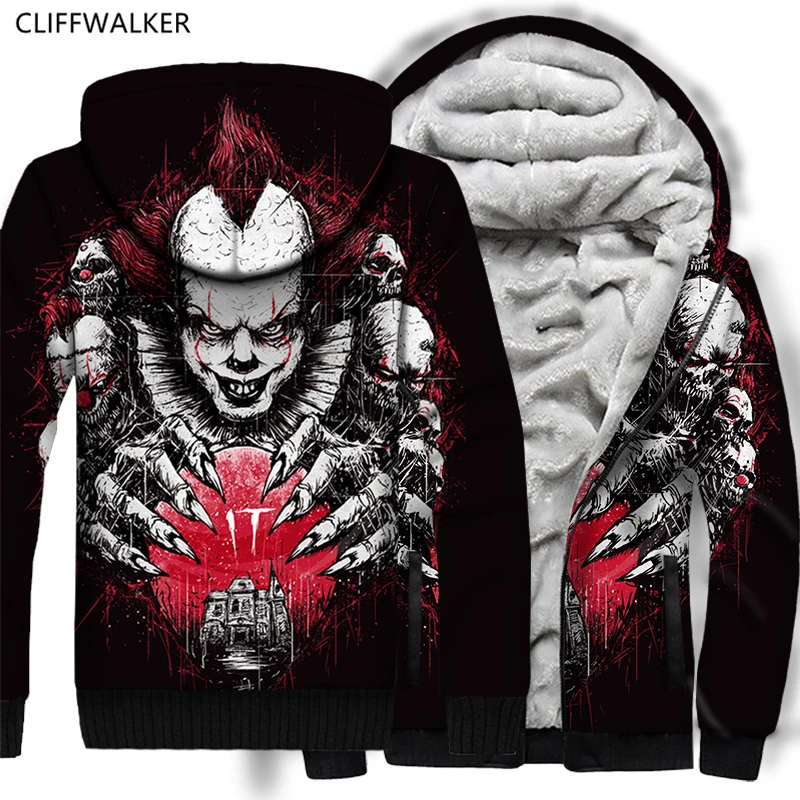 Dropshipping Thick Sweatshirts Stephen King's It Pennywise 3D Print Zipper Pocket Hoodies Long sleeve hoodie For Men Women Coat | Мужская