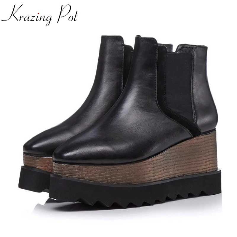 

Krazing Pot 2018 genuine leather runway wedges ankle boots Winter model runway European designer lazy style stretch boots L91