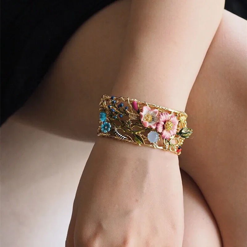 Дизайнерский браслет Amybaby с восточными розовыми цветами, женские вечерние ювелирные изделия с эмалированной глазурью - Окраска металла: bangle