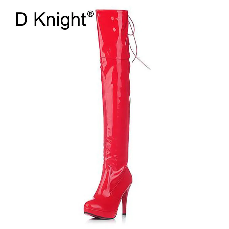 Sexy Patent Leather Thin Heels Women Over The Knee Boots Ladies Platform High Heels Pole Dancing Boots Women Thigh High