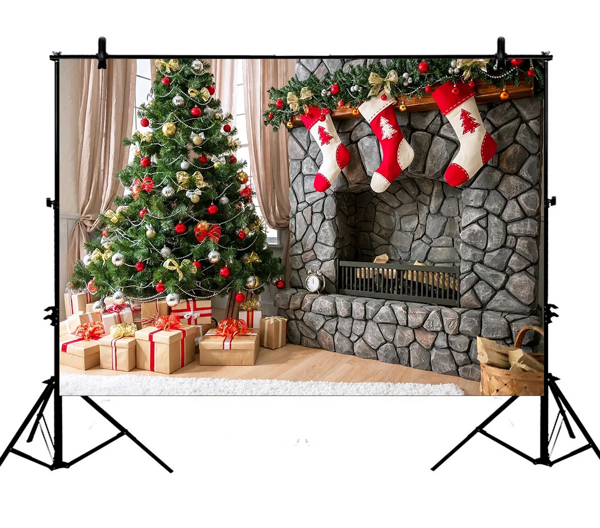 

5x7ft Christmas Tree Three Gift Socks Hang Fireplace Polyester Photo Background Portrait Backdrop