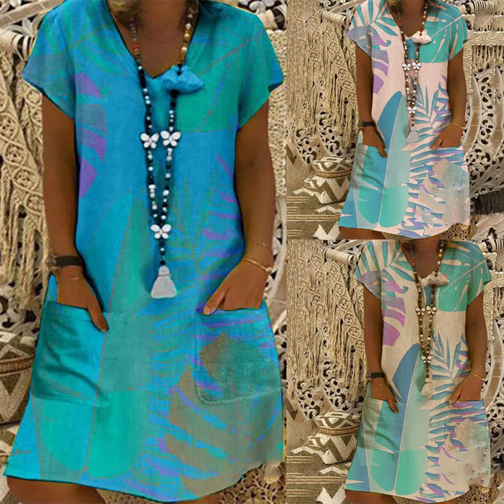 FREE OSTRICH Dress Women Leaf Pattern Pocket Large Size Short Sleeve Knee-Length Current Elegant Graceful Short Dress Summer