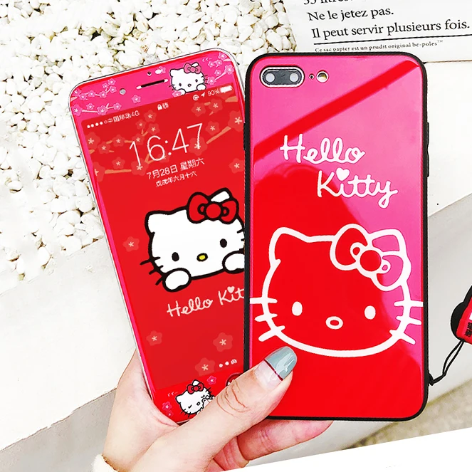 Red Hello Kitty case for iPhone XS Max tempered glass back cover for XR X soft edge shell for iPhone 7 8 6 6s plus New Year gift