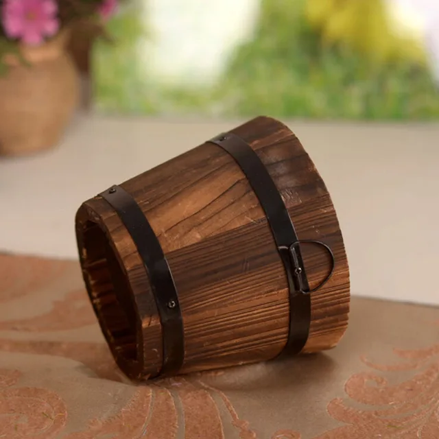 Hot 1PC Small Wooden Ornamental Rustic Small Barrel Primaries Flower Pot Flower Basket Flower Bowyer For Wedding Home Decoration