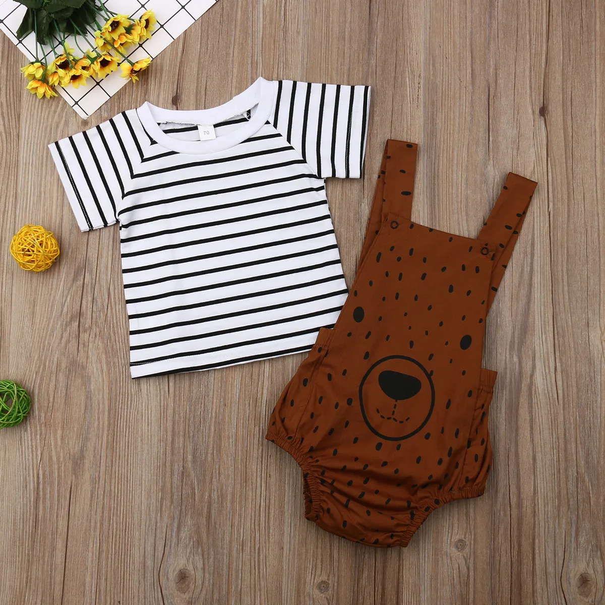 

2PCS Newborn Boy Girl Bear Clothes Stripe Short Sleeve T shirt Tops Bib Pant Overalls Outfits Clothes Set
