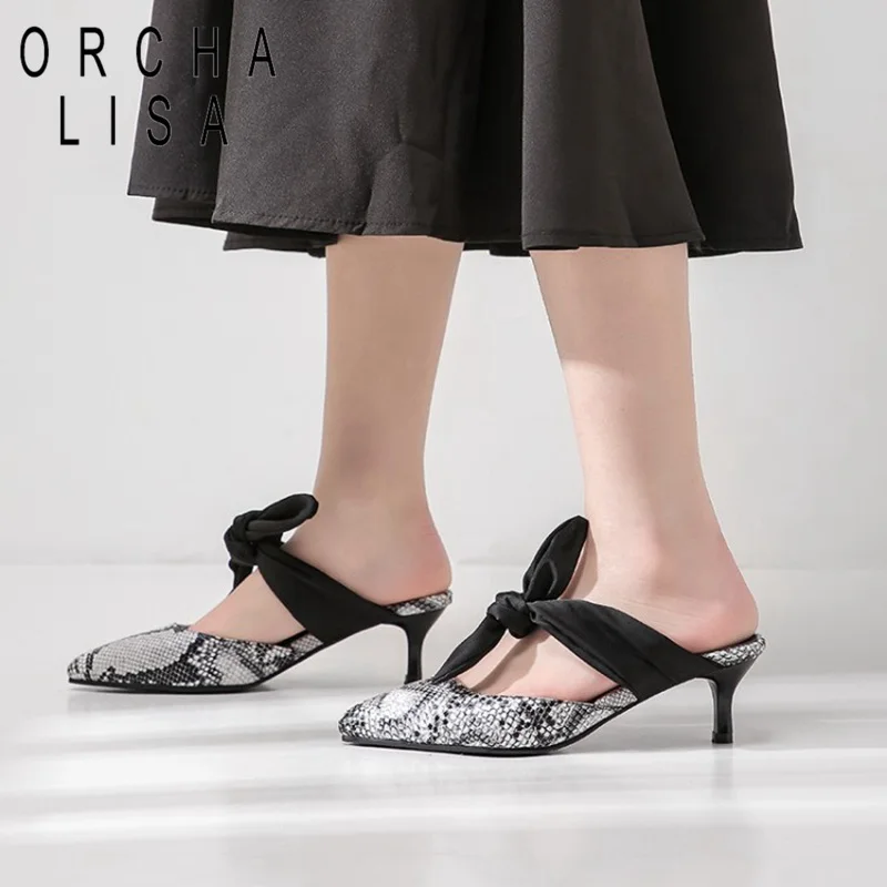 

ORCHA LISA Women Pumps med Heels 5cm leopard print riband Pointed toe mules low cup heels ladies office dress Shoes plus size 46