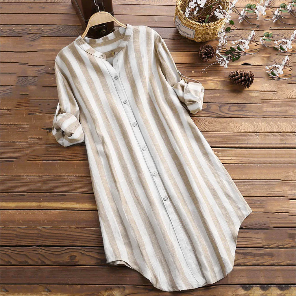 

JAYCOSIN Blouses Women Summer Button Up Pullover Cotton Striped Top Plus Size Tunic long Shirts Tops Casual kimono clothes 520