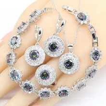 925 серебряные ювелирные наборы для женщин, разноцветные радужные кубические циркония, браслет, серьги, ожерелье, подвеска, кольца,, рождественский подарок