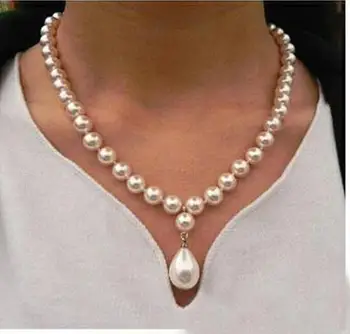 Woman jewelry necklace 8mm round bead Bright white Natural SOUTH SEA SHELL PEARL 12mm pendant NECKLACE 18” 45cm