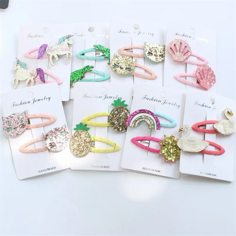 

20pcs/lot Glitter Unicorn Snap Hair Clips White Swan Dinosaur Animal Hairpin Gold Glitter Cat Barrette Pink Shell Fruit Grips