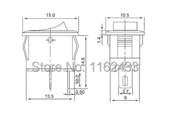KCD1 rocker switch 13.5x9 mm perforate dimensions drawing