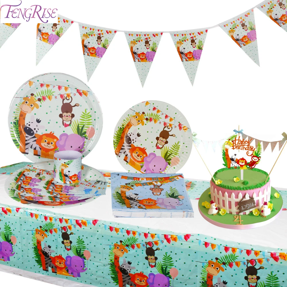 FENGRISE Disposable Tableware Jungle Party Birthday Party Decor Kids Jungle Safari Party Animals theme Baby Shower Supplies