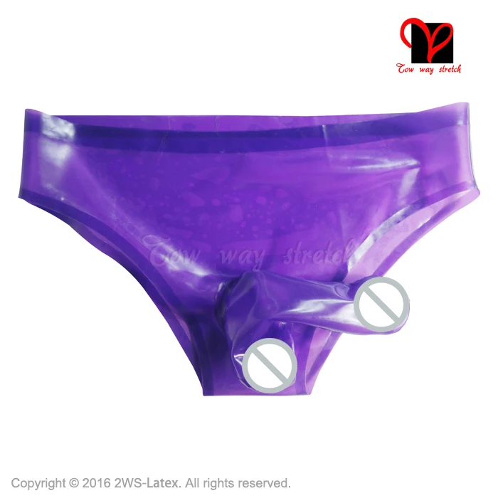 Sexy Transparent Purple Latex briefs with glued penis sheath Rubber underwear with condom pants Shorts KZ-020
