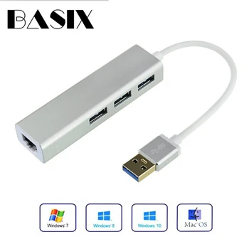 

Basix USB Ethernet Adapter 3 Ports USB 3.0 Hub USB to Rj45 1000Mbps Lan Network Card for Macbook pro Mac Desktop Ethernet USB