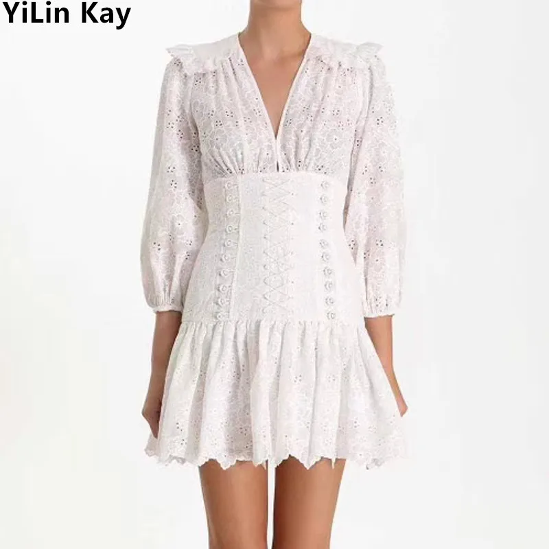 

Self portrait Hollow Out Lace Dress 2019 Summer woman Holiday series heavy industry embroidery belt belt waist party dress