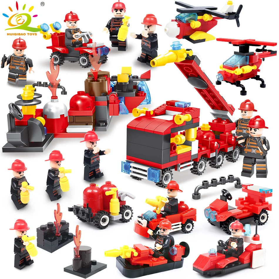 

376pcs 8in1 Fire fighting Building model kit Legoings city truck Firefighter Helicopter Educational Bricks children Toys