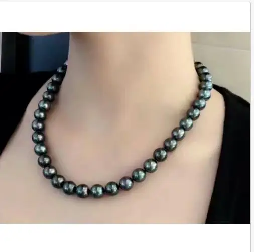 

stunning 9-10mm tahitian round black green pearl necklace 18inch 925 silver