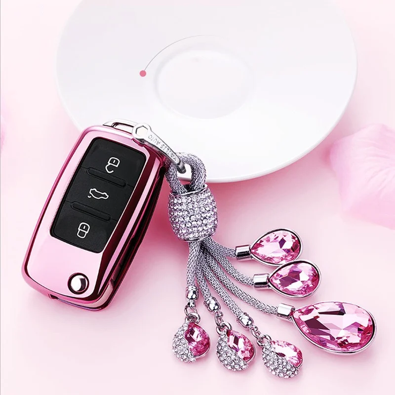 ТПУ чехол для ключа автомобиля авто ключ защитный чехол для VW Passat Lavida Tiguan Polo Bora слез неба искусственный кристалл кулон - Название цвета: A-Pink-keyring