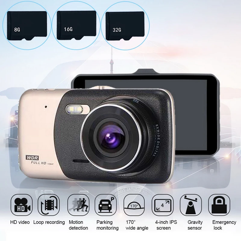Tospra 4 дюйма Видеорегистраторы для автомобилей Камера Двойной объектив видео в формате Full HD 1080P Инфракрасный Ночное видение Auto Dash Cam спереди и сзади для вождения Регистраторы