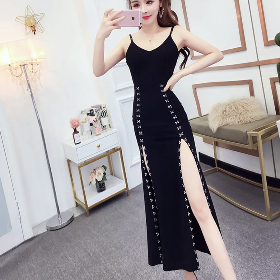 

Office lady Sexy club Spaghetti Straps Bodycon Red evening Party Dress women Sheath Backless Black Package Hips Split maxi Dress