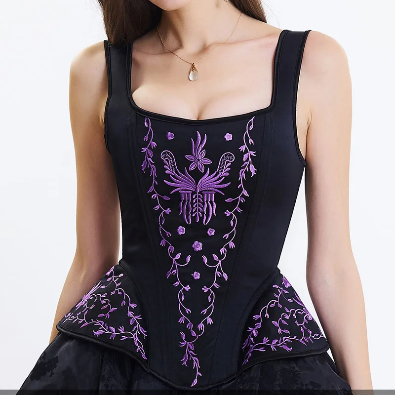Black/purple Floral Embroidery Victorian Corset Gothic Clothing Corpetes E Corselet Sexy Corsets