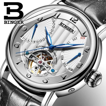 

Switzerland BINGER Kol saati Luxury Automatic Watch Men Sapphire Calendar Week Luminous Genuive Leather Strap Mechanical Watches
