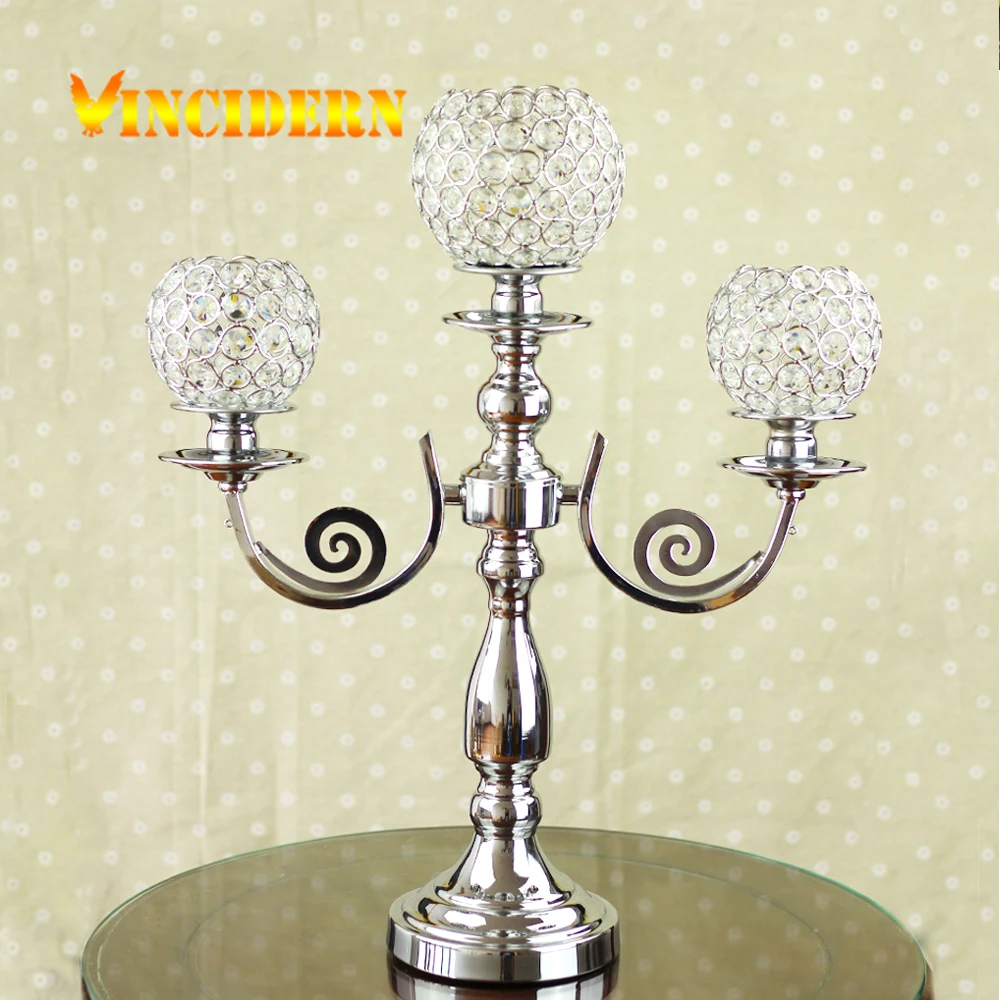 3 arm Crystal Candle Holder Silver Plated Metal Candlestick for Home