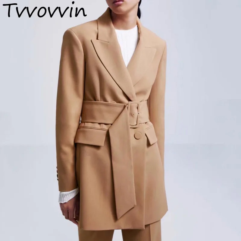 

TVVOVVIN Style Khaki Long Style Blazer Pockets Sashes Double Breasted Long Sleeve Coats Female Casual Blazers Outerwear Tops9009