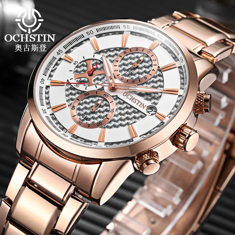 

OCHSTIN Stainless Steel Sport Male Clock Link Bracelet Watch Men Waterproof Chronograph Quartz Wristwatches New Erkek Kol Saati
